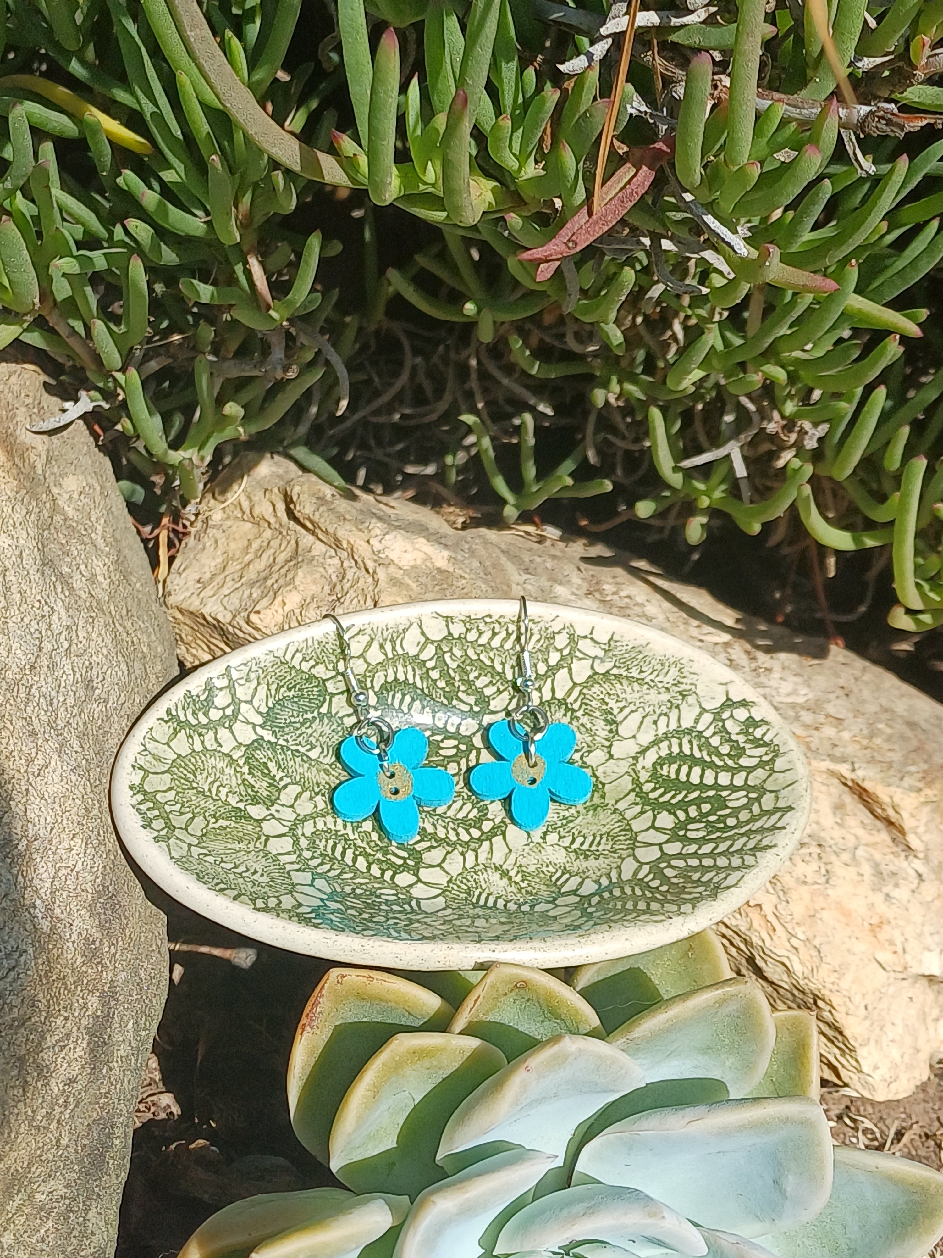 Vibrant Turquoise Wooden Flower Earrings